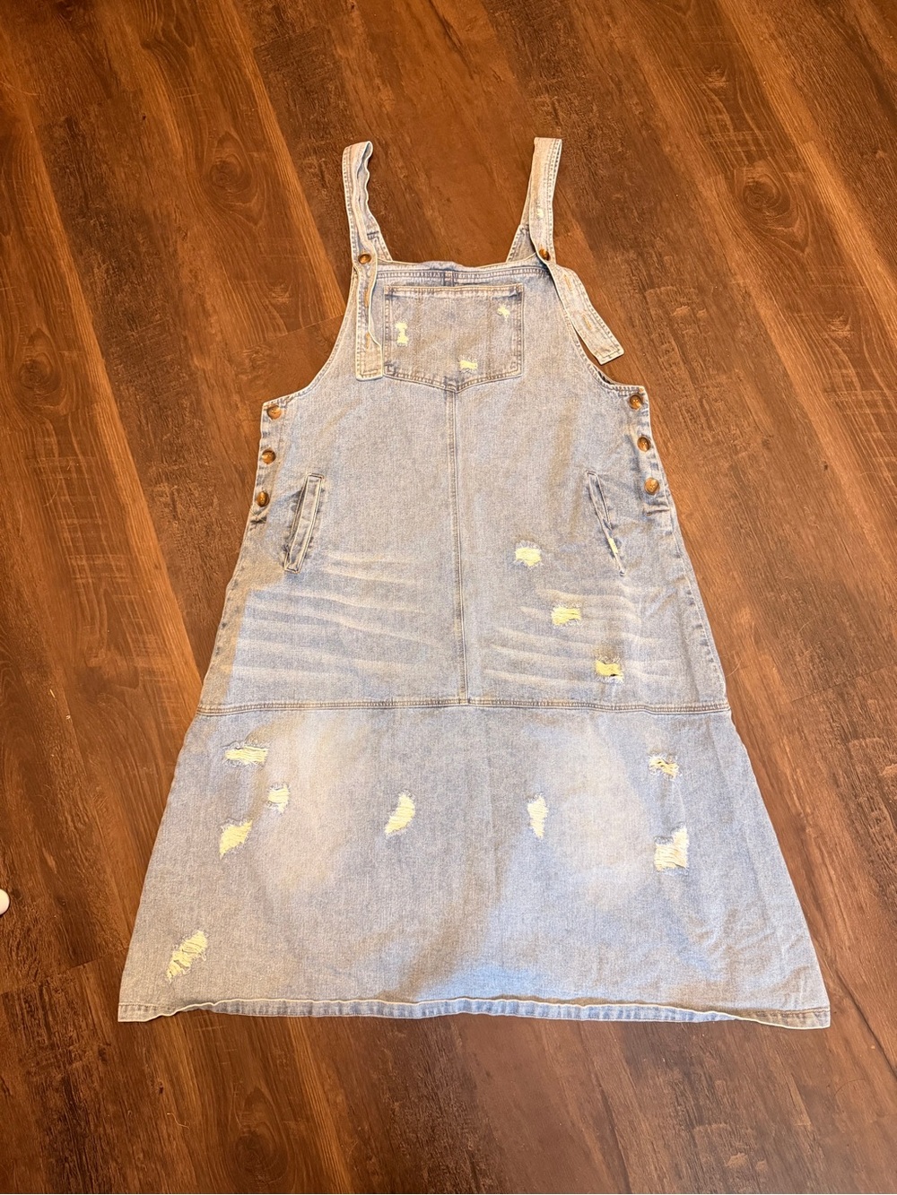 Women’s Light Blue Distressed Denim Pinafore Midi Dress